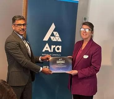 Certification of Appreciation from ARA Institute of Canterbury, New Zealand